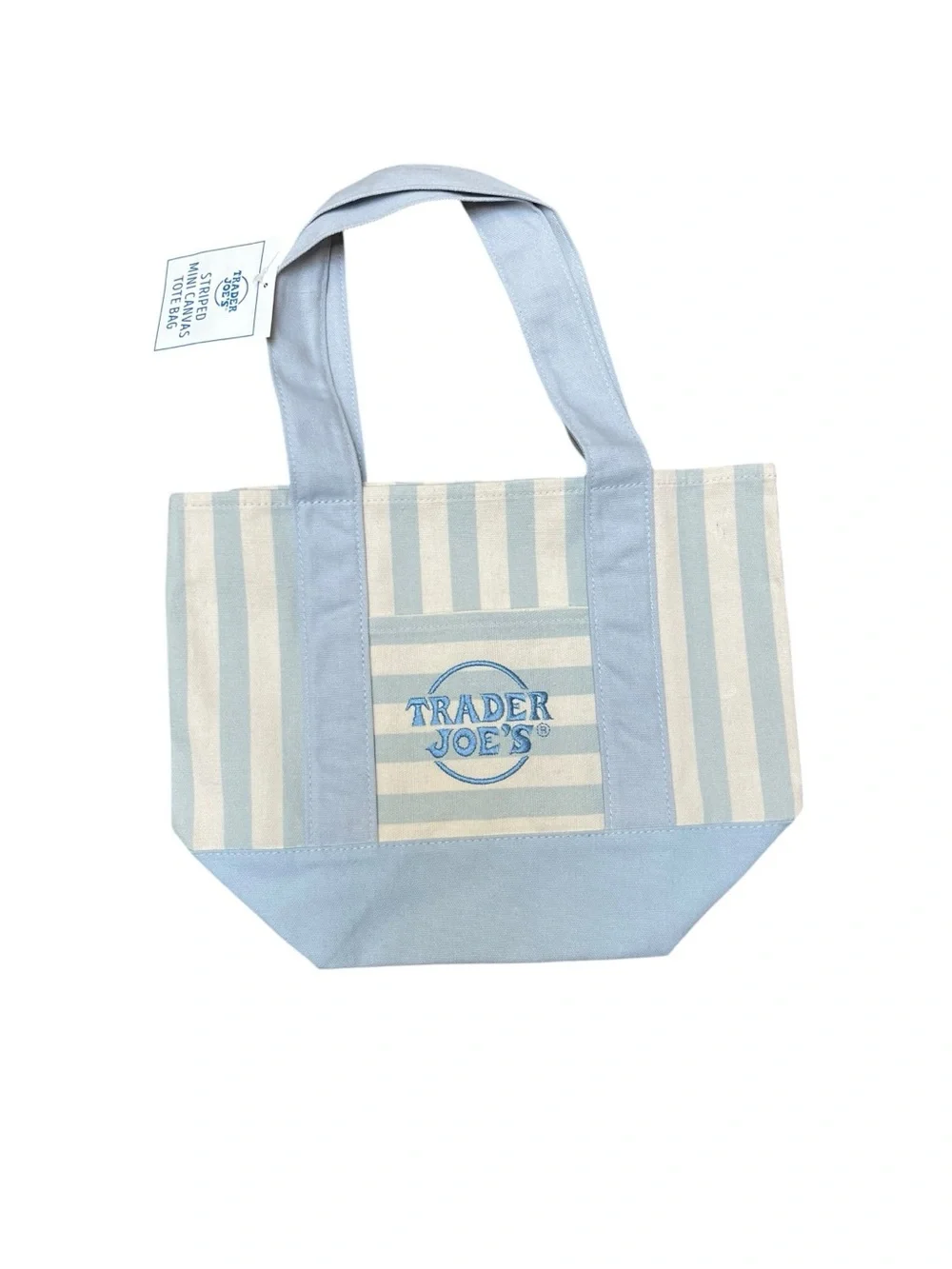 Complete Set of 2- Trader Joe's Pastel Pink Blue Striped Canvas Mini Tote Bags